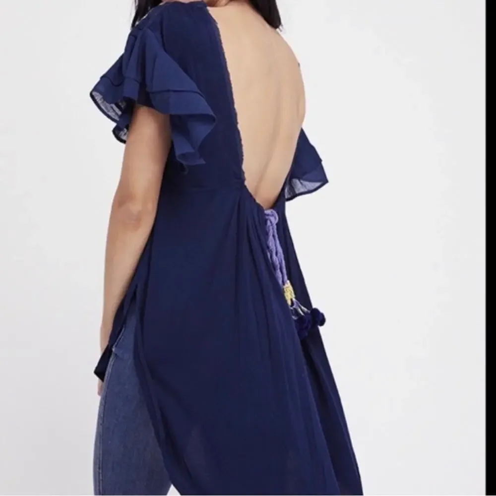 Free People Fiesta Nueva Tunic Top Embroidered Open-Back Blue Size Small